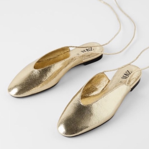 Zara | Shoes | Zara Metallic Gold Flat Mules Ankle Tie | Poshmark